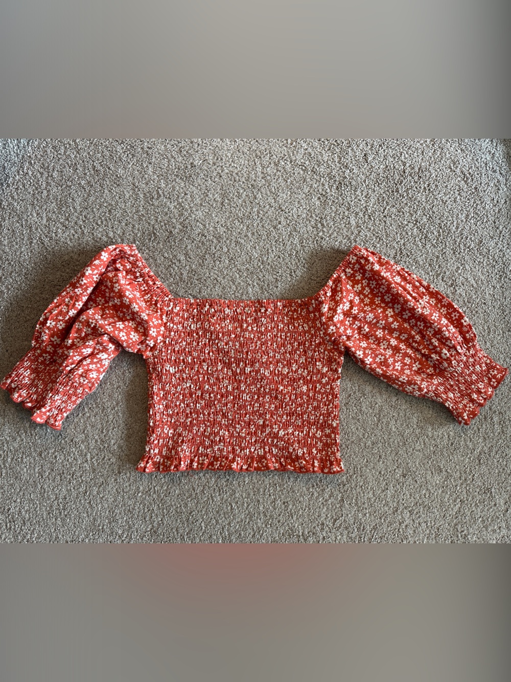 Billabong Red Floral Smocked Puff Sleeve Crop Top